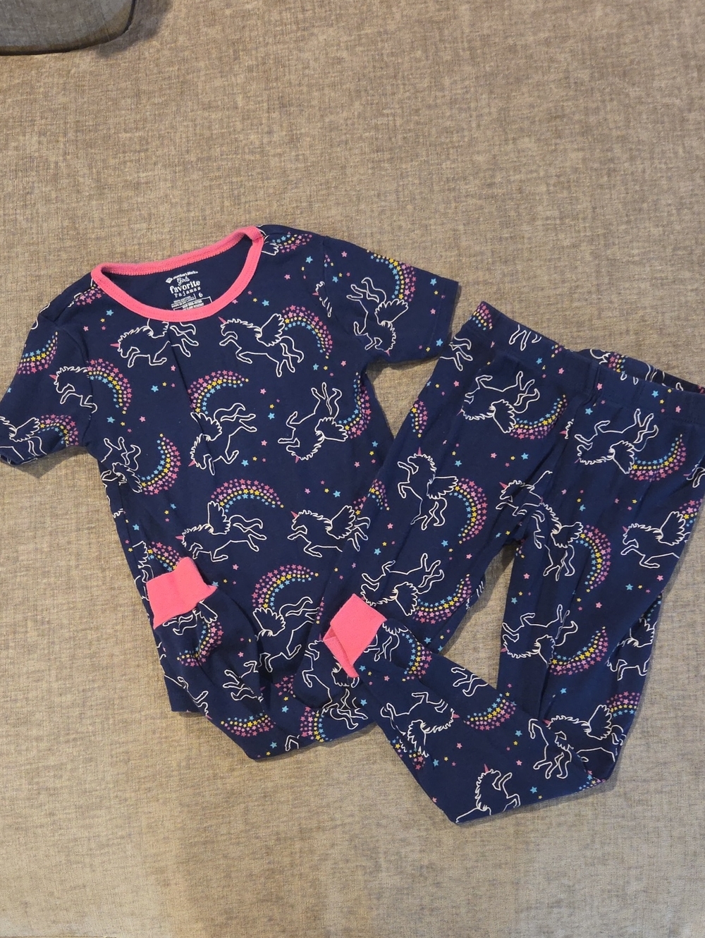 Children's Navy Unicorn Rainbow Pajama Set with Pink Accents